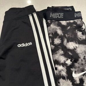 adidas and Nike Kids Black Leggings with White Stripes and Nike black and white